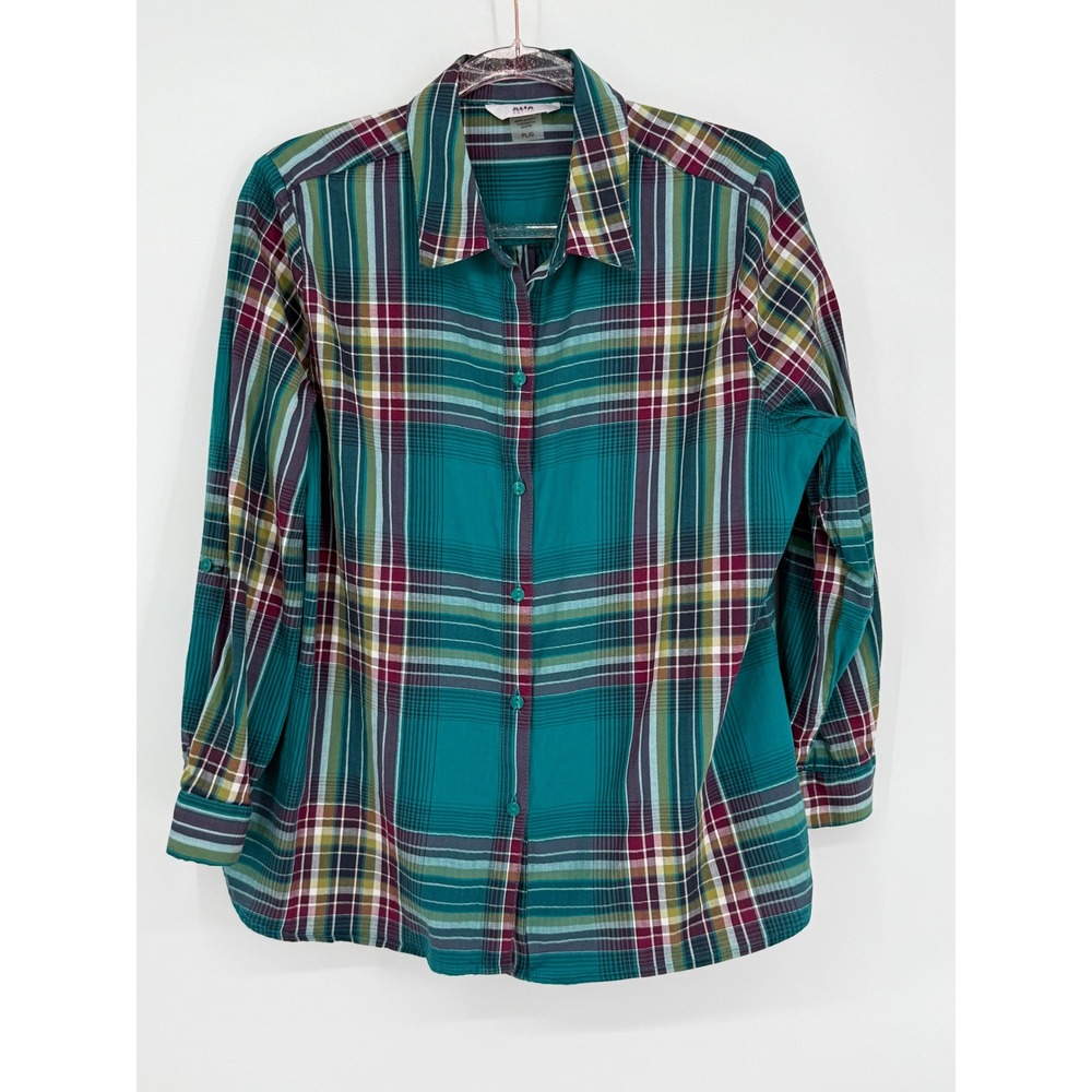 ALIA PETITE Plaid Button Down Shirt Green Burgundy Long Sleeve Women‎ Size PLG